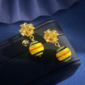 Tory Burch Retro-Inspired Gold Candy Stripe Hot Air Balloon Pendant Earrings